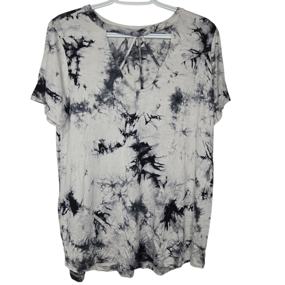 Oddy Womens Black Tie Dye Keyhole Neckline Rayon Stretch Top Size Large
